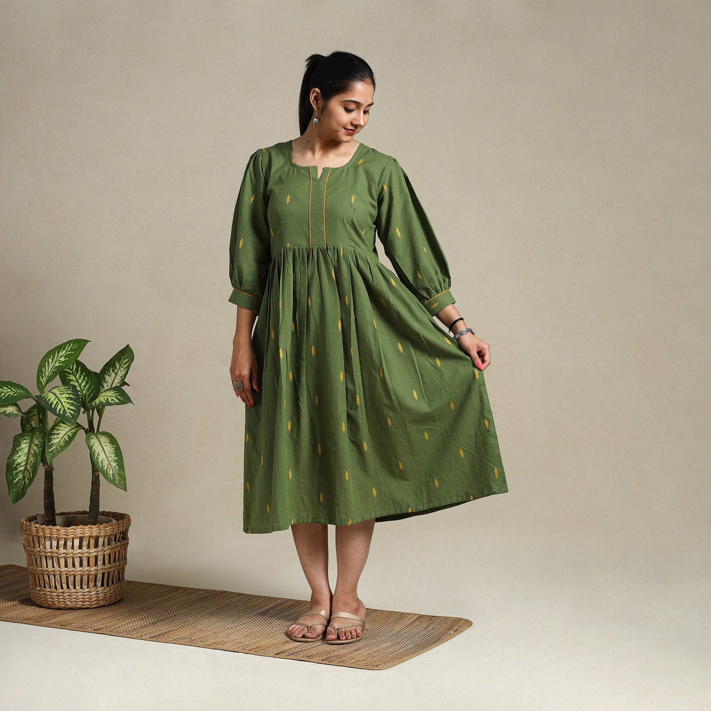 Grey Flared Cotton Jacquard Dress