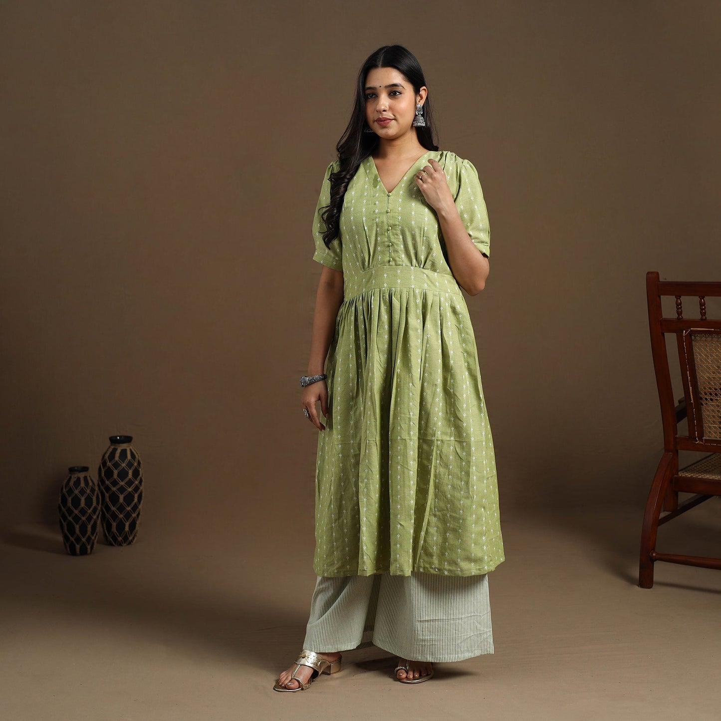  Green Flared Cotton Jacquard Kurta for Women