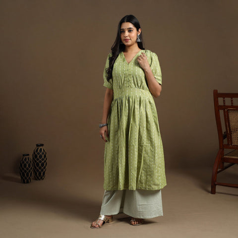  Green Flared Cotton Jacquard Kurta for Women