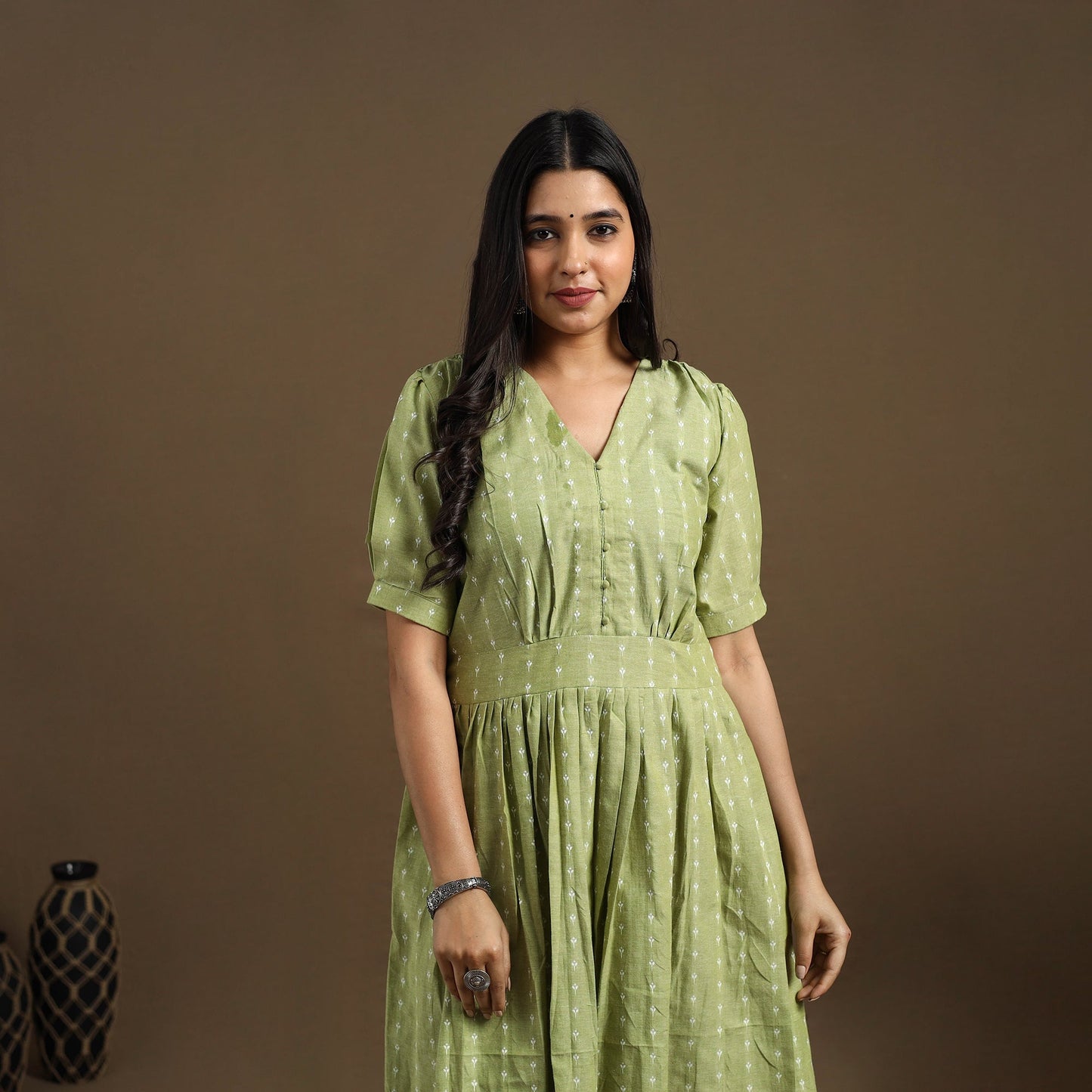  Green Flared Cotton Jacquard Kurta for Women