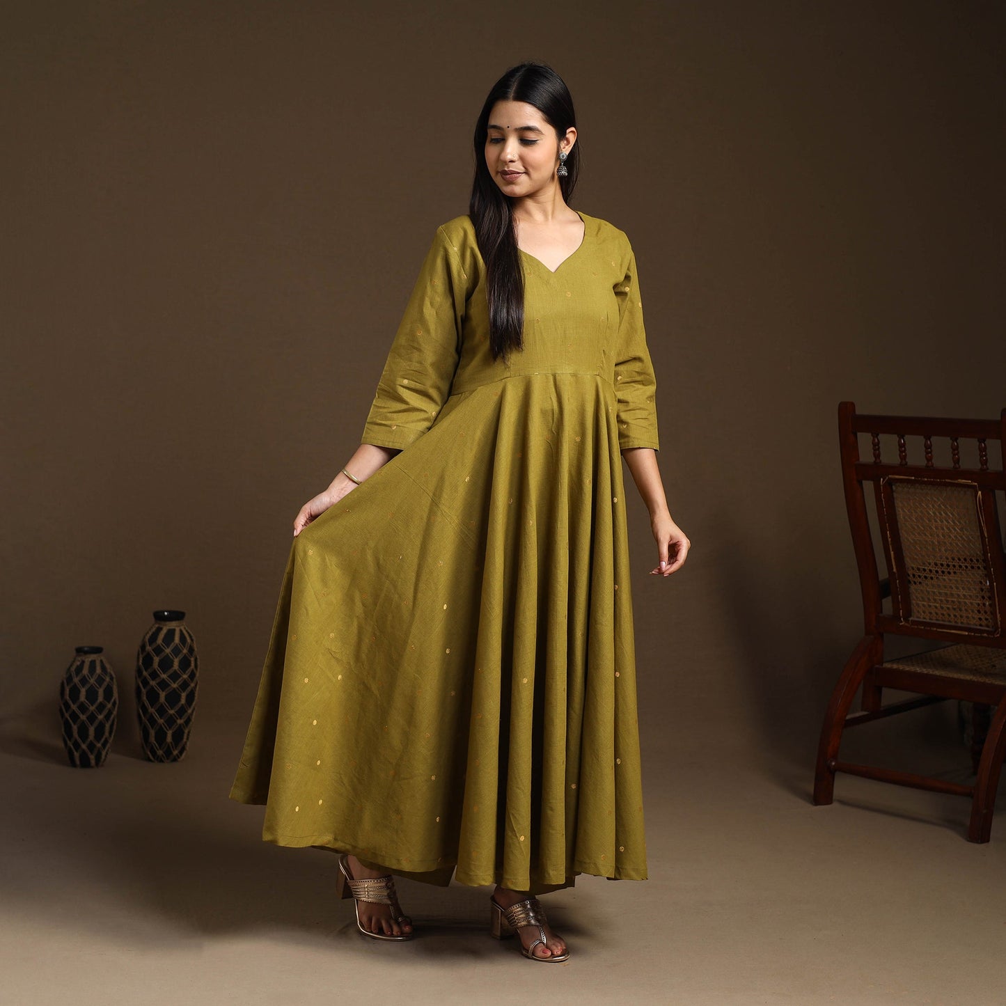  Green Flared Cotton Jacquard Kurta with Palazzo Set