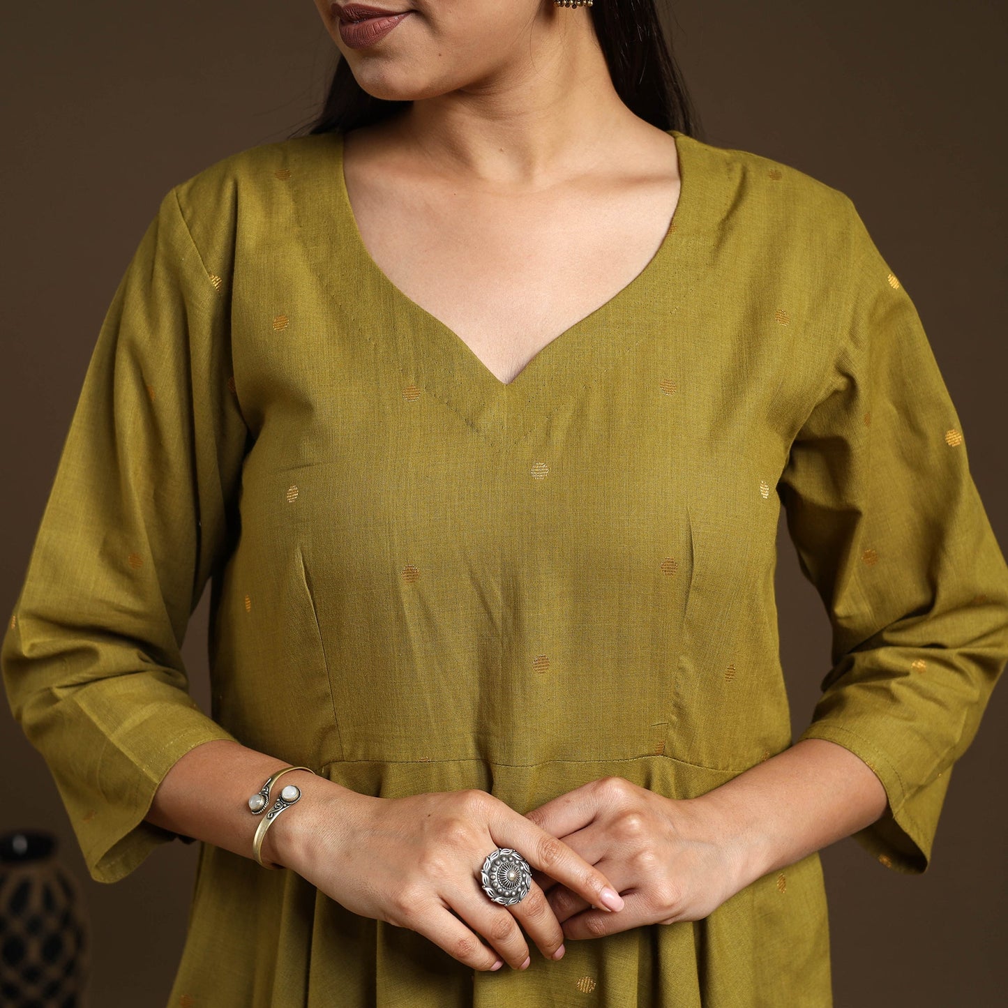  Green Flared Cotton Jacquard Kurta with Palazzo Set