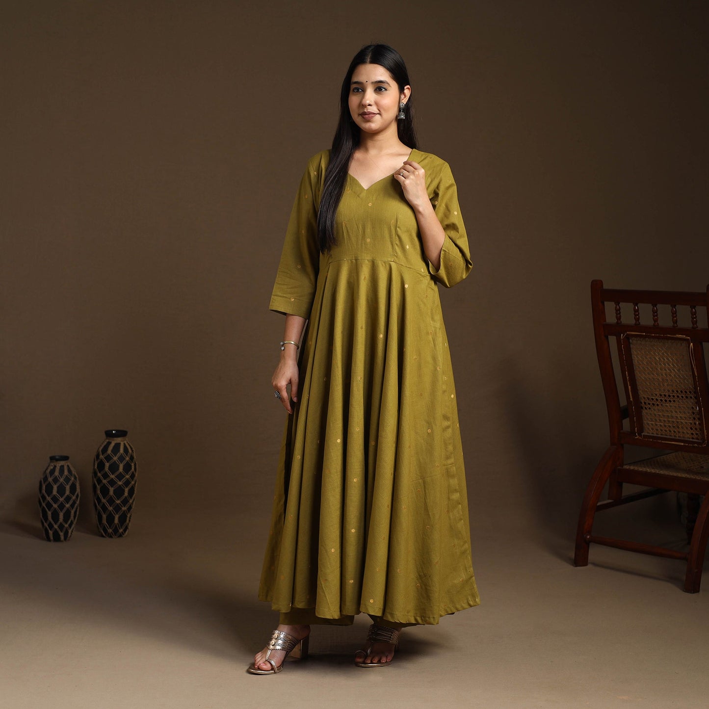  Green Flared Cotton Jacquard Kurta with Palazzo Set