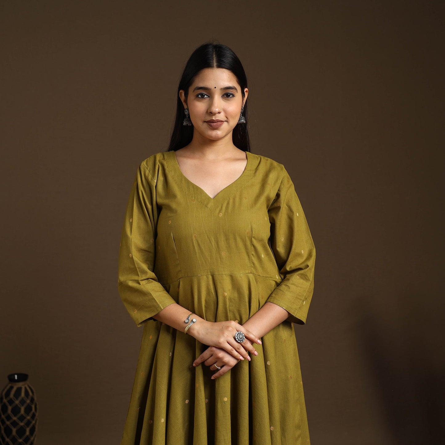  Green Flared Cotton Jacquard Kurta with Palazzo Set