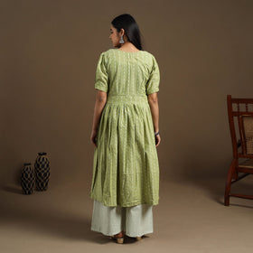 Flared Cotton Green Jacquard Kurta with Palazzo Set