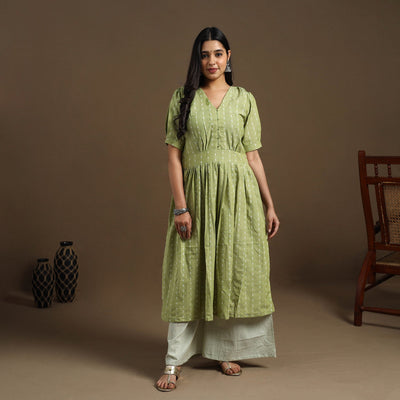Flared Cotton Green Jacquard Kurta with Palazzo Set