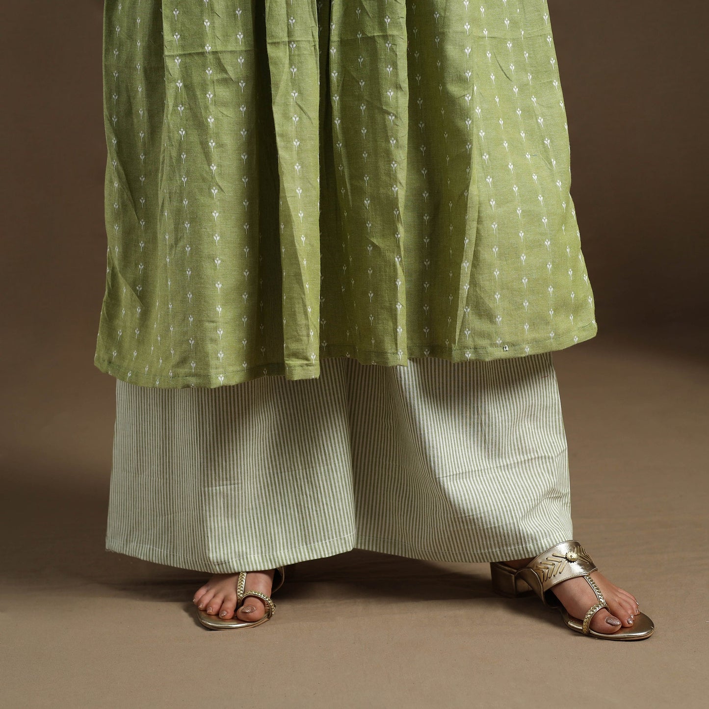 Flared Cotton Green Jacquard Kurta with Palazzo Set