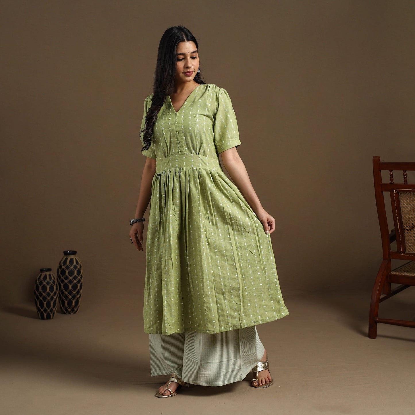 Flared Cotton Green Jacquard Kurta with Palazzo Set