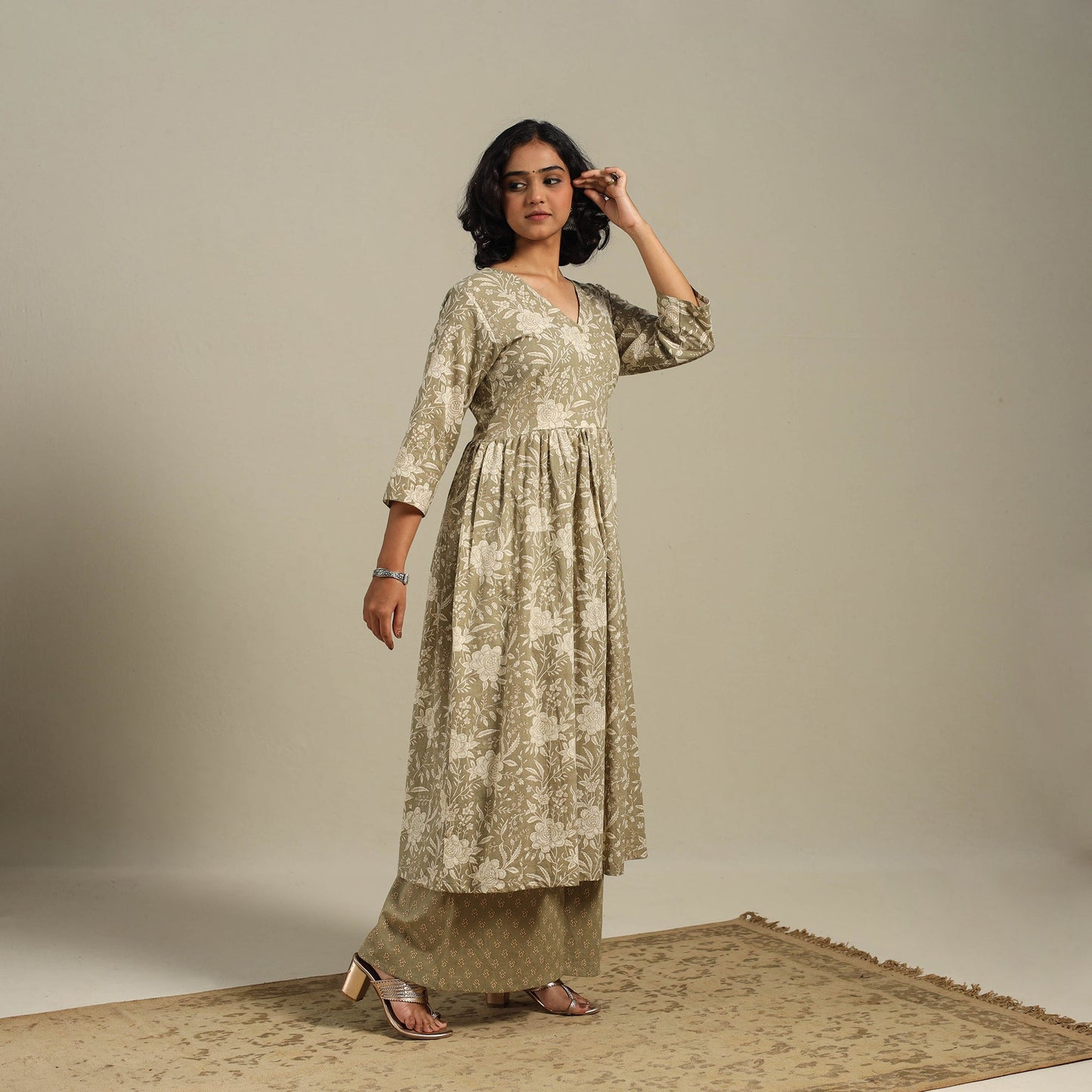 Green Flared Cotton Jaipur Print Kurta Set (Set of 2)