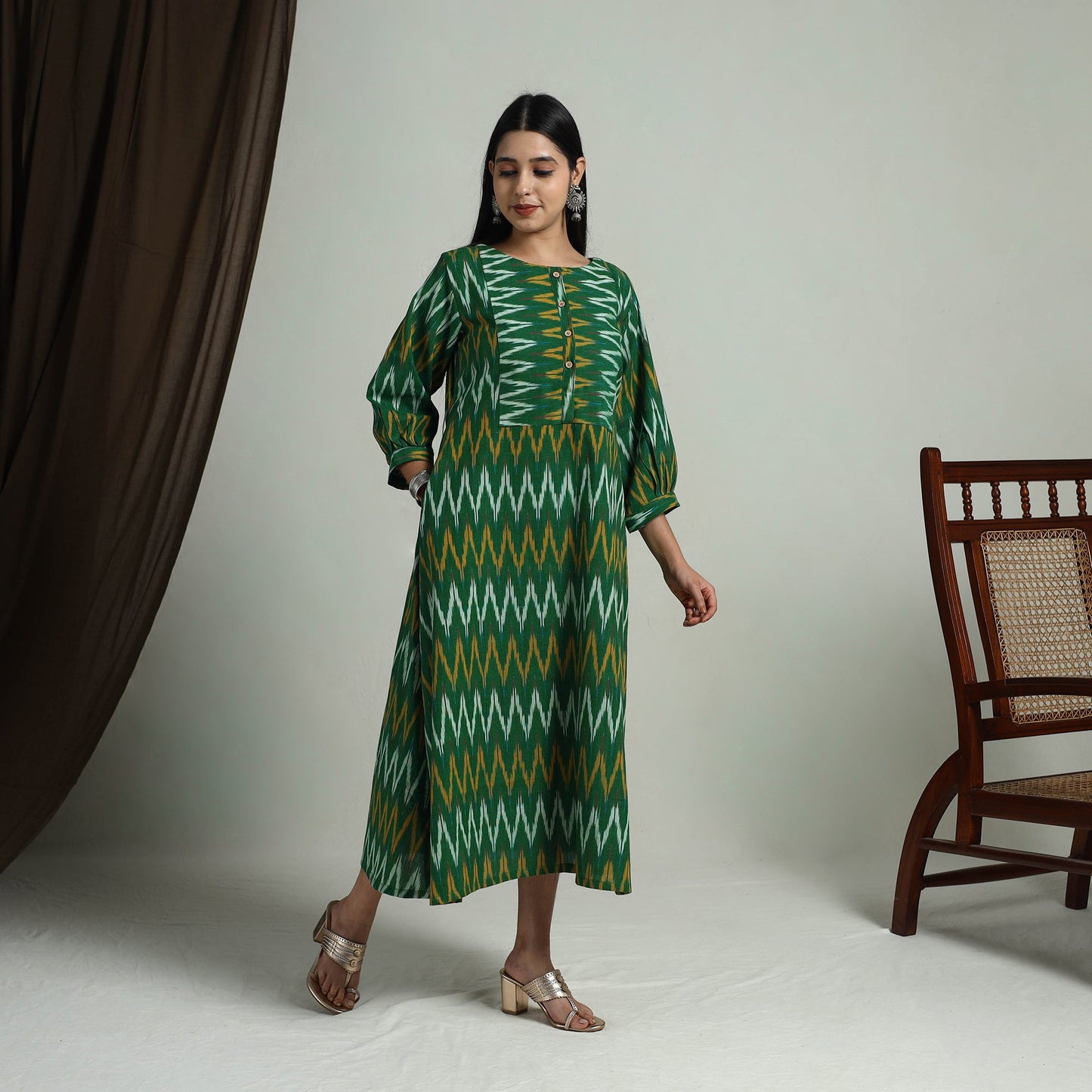  Green Flared Cotton Pochampally Ikat Dress