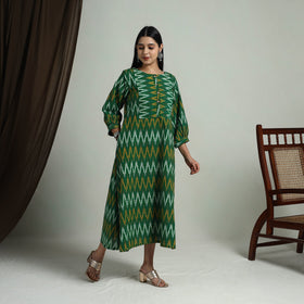  Green Flared Cotton Pochampally Ikat Dress