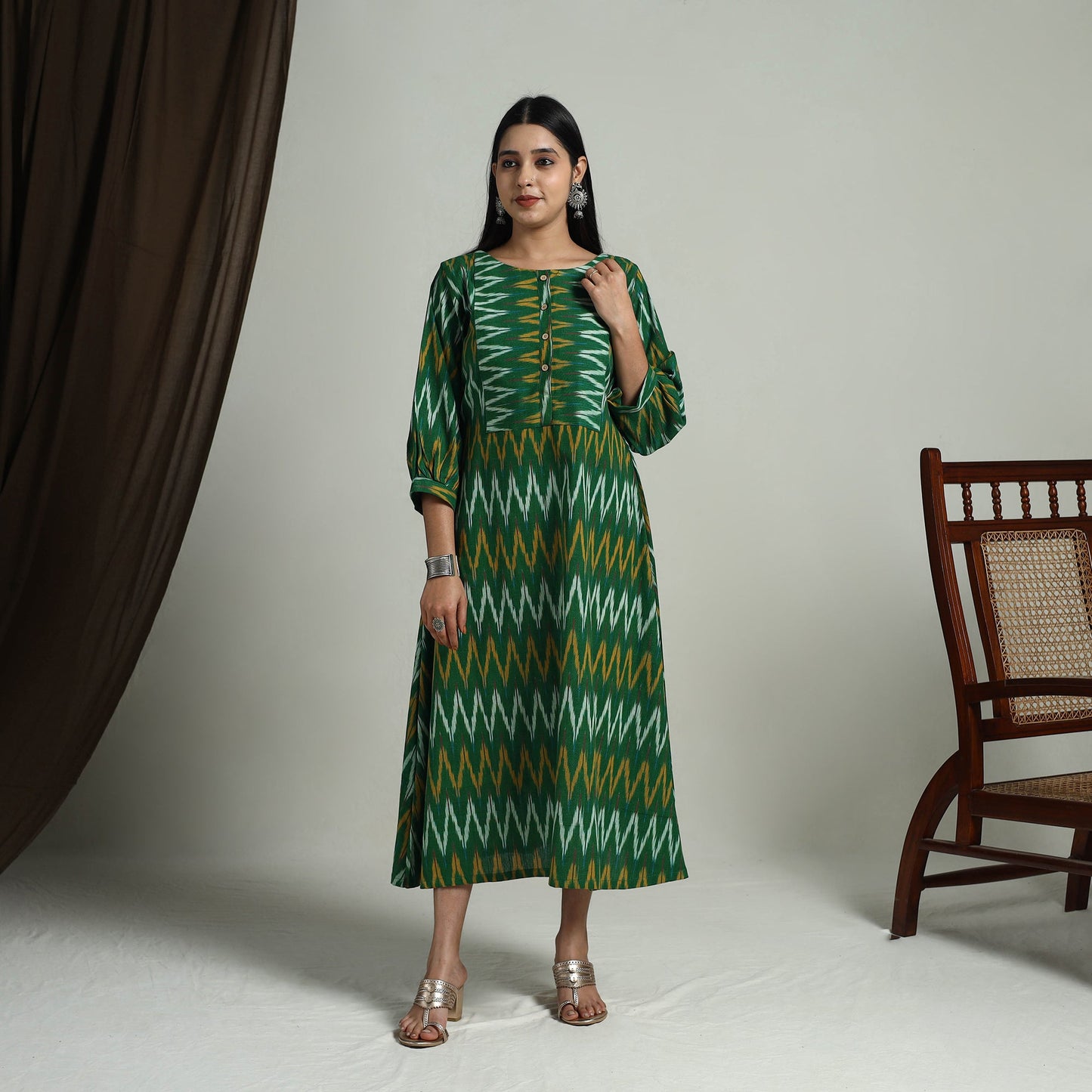  Green Flared Cotton Pochampally Ikat Dress