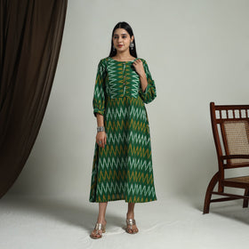  Green Flared Cotton Pochampally Ikat Dress