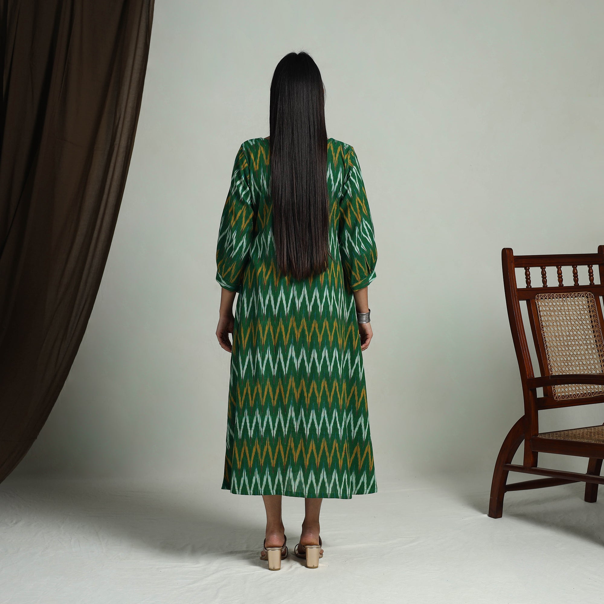 Green Flared Cotton Pochampally Ikat Dress Itokri Casuals COJP_JP/KUT/52/E/10/3XL
