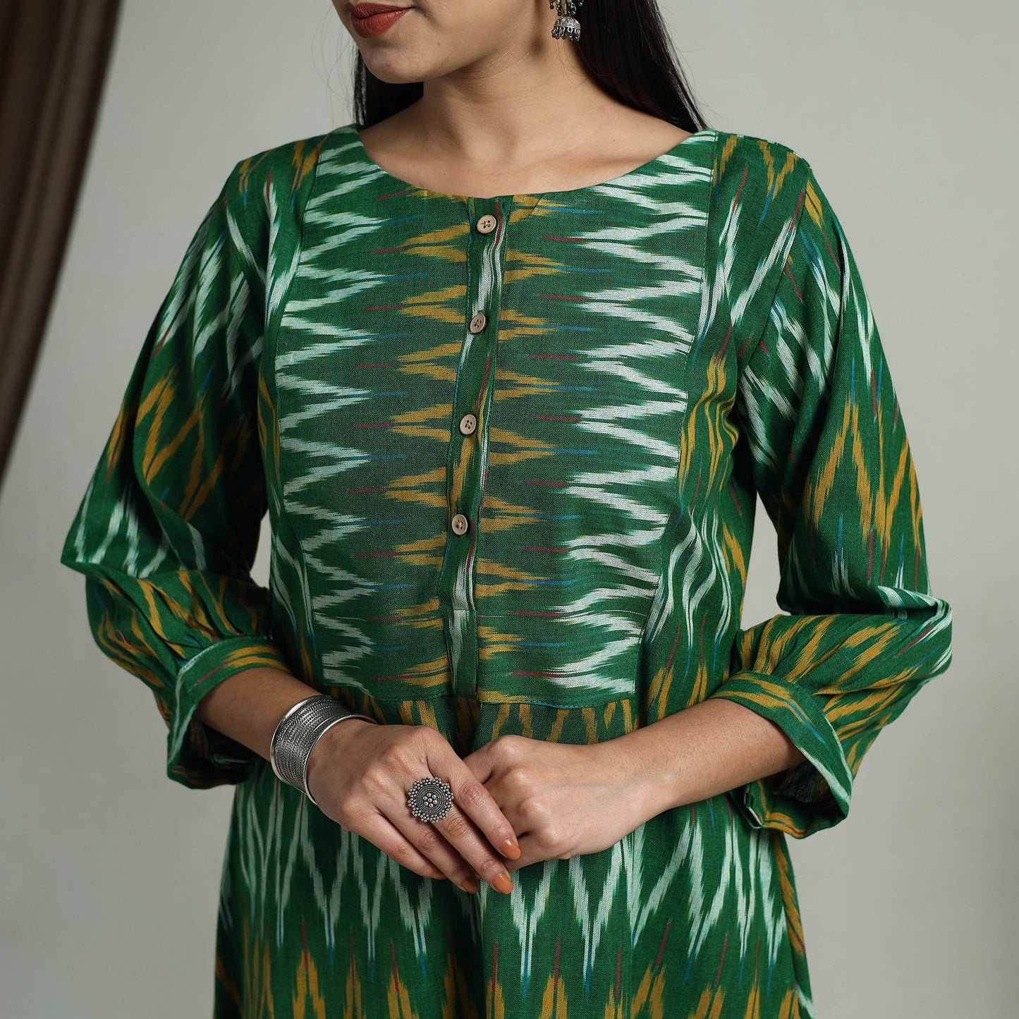  Green Flared Cotton Pochampally Ikat Dress