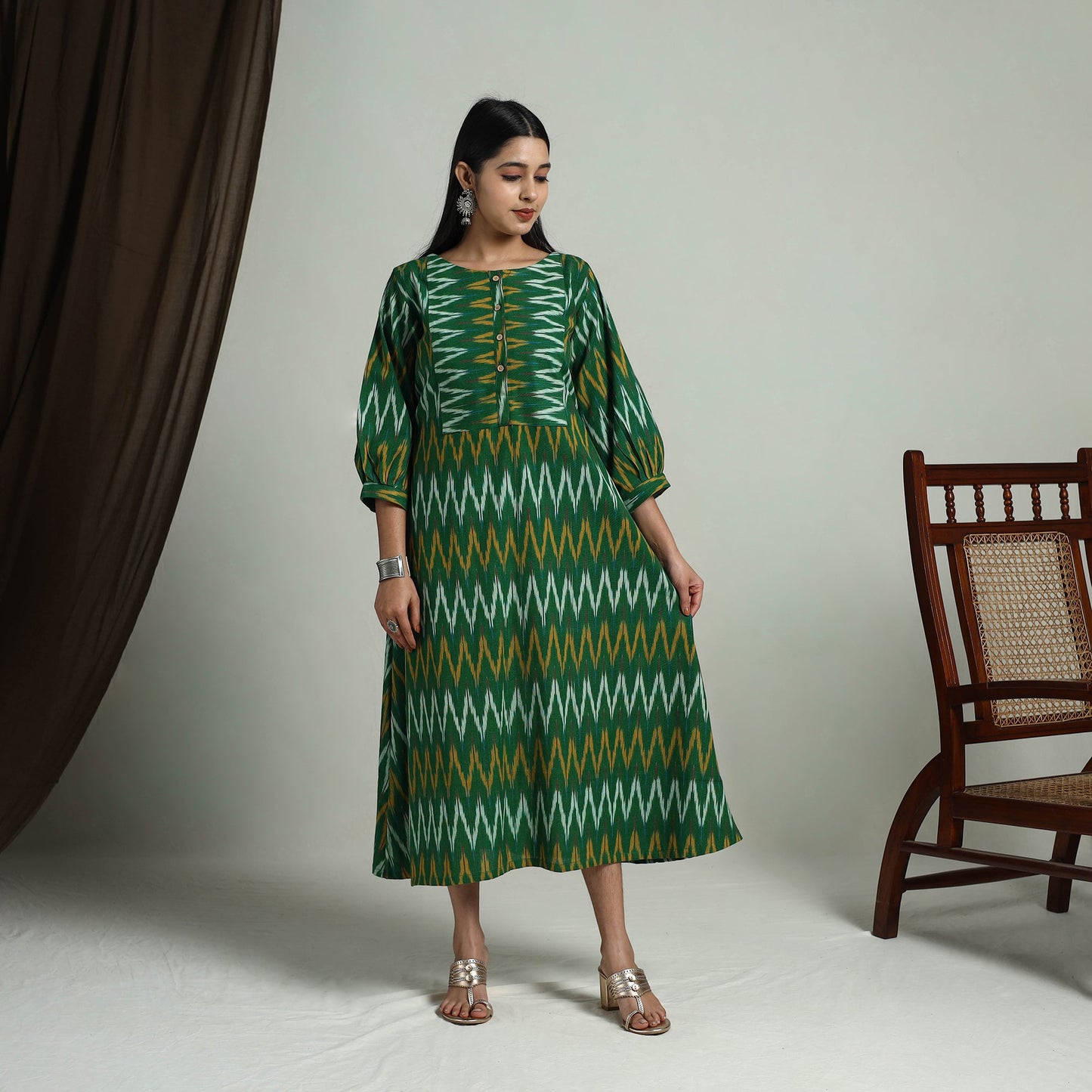  Green Flared Cotton Pochampally Ikat Dress