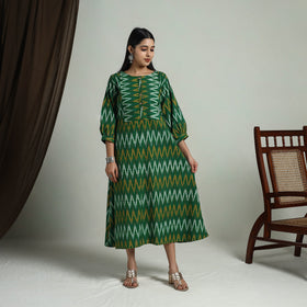  Green Flared Cotton Pochampally Ikat Dress