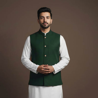 Green - flex cotton men plain nehru jacket 10 - handcrafted