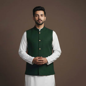 Green - flex cotton men plain nehru jacket 10 - handcrafted