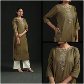 Flex cotton plain hand embroidered straight kurta for women
