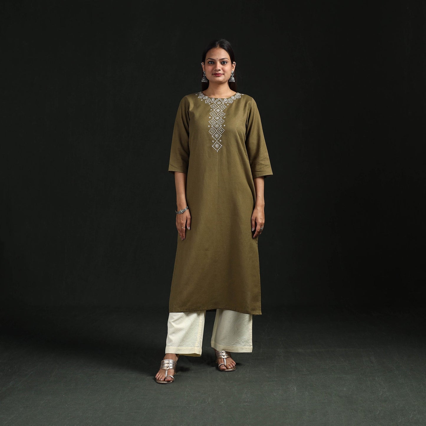 Flex cotton plain hand embroidered straight kurta for women