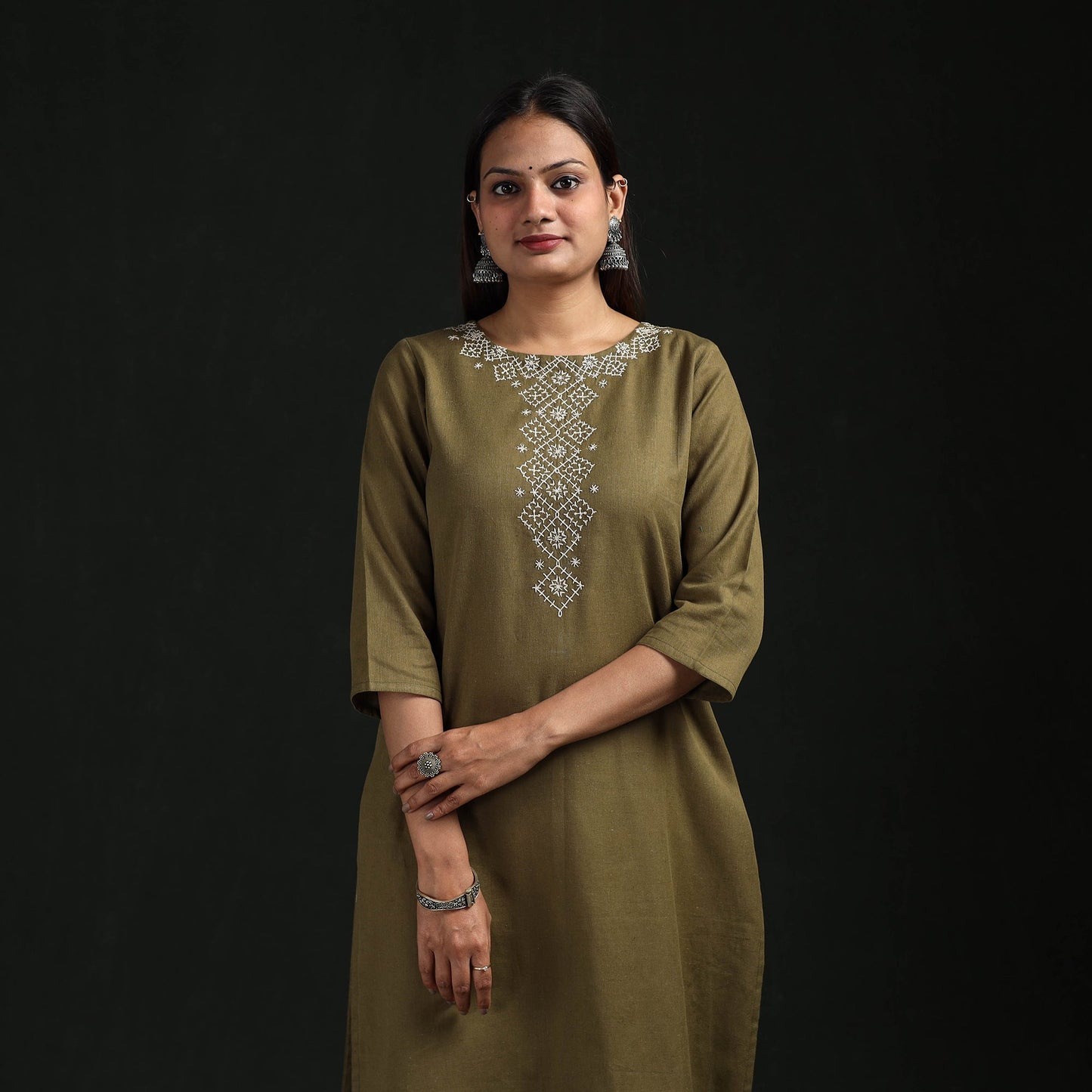 Flex cotton plain hand embroidered straight kurta for women