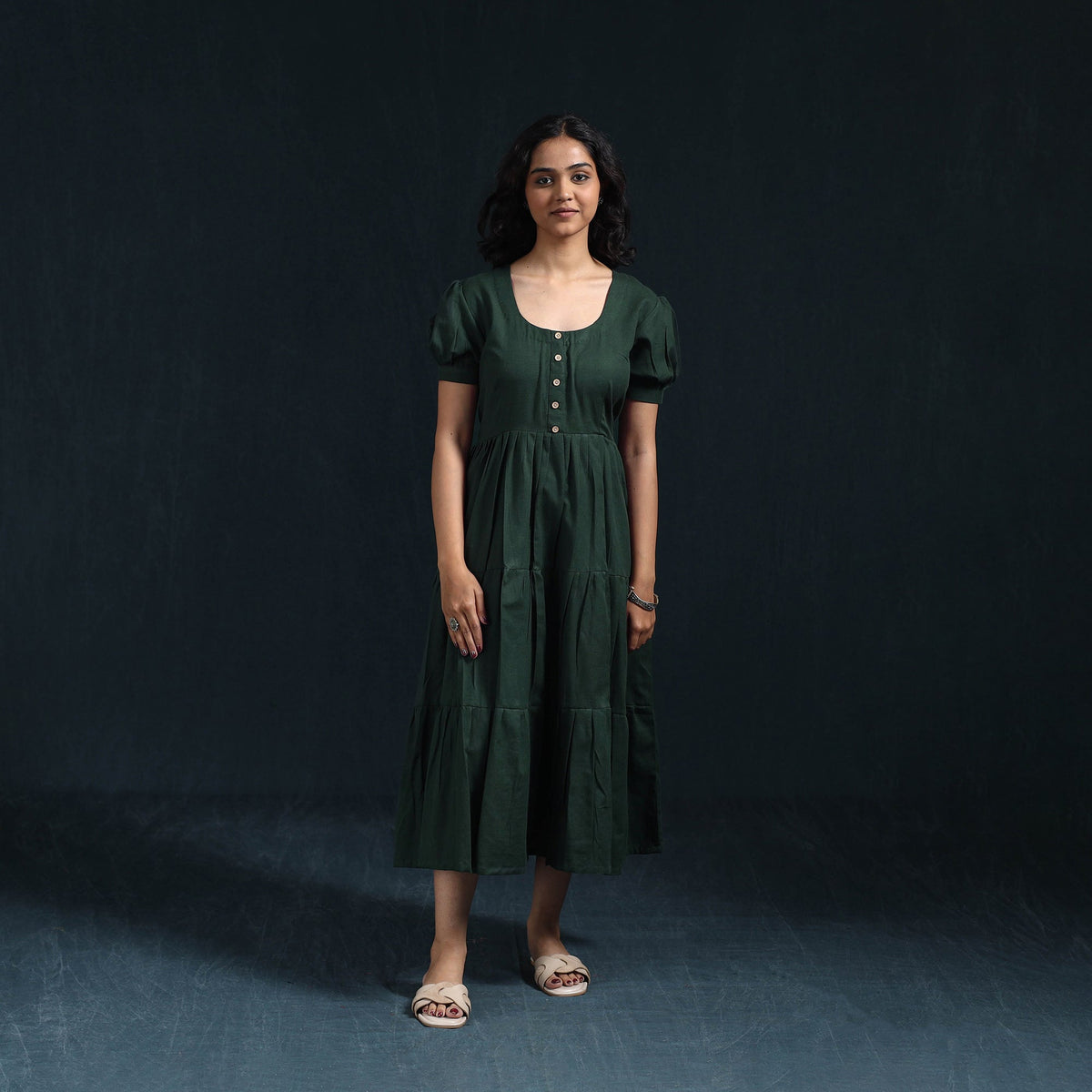 Green - flex cotton tiered plain dress 11 - handcrafted