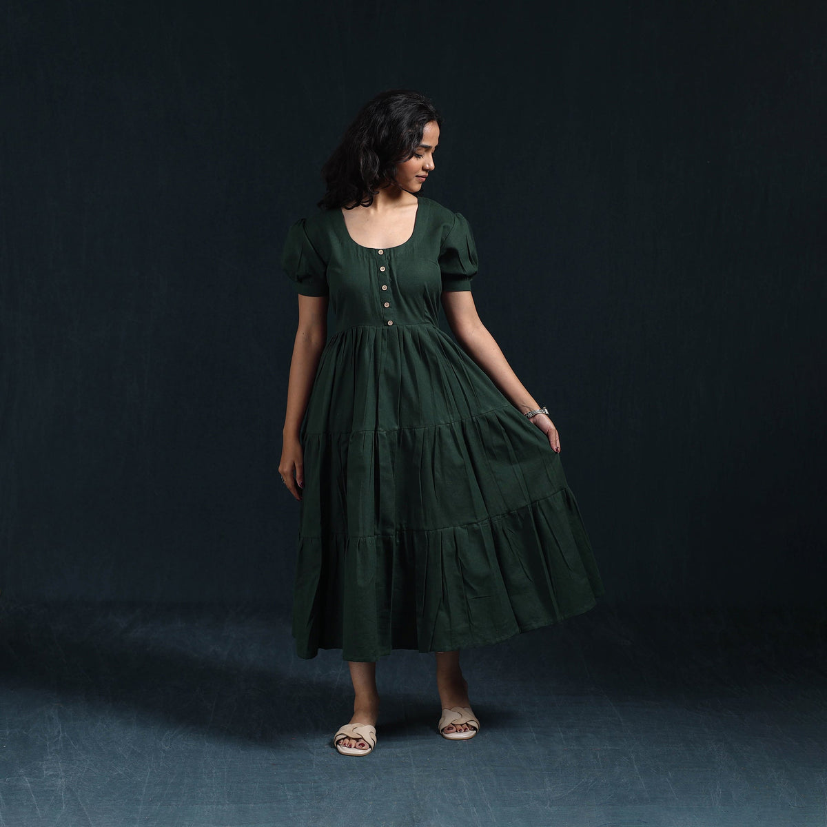 Green - flex cotton tiered plain dress 11 - handcrafted
