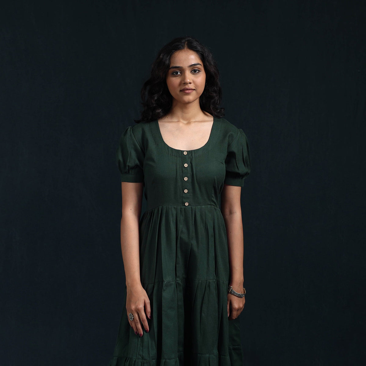 Green - flex cotton tiered plain dress 11 - handcrafted