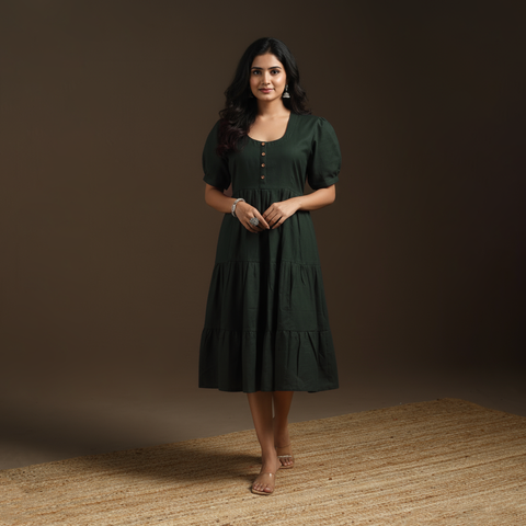 Green - flex cotton tiered plain dress 11 - handcrafted