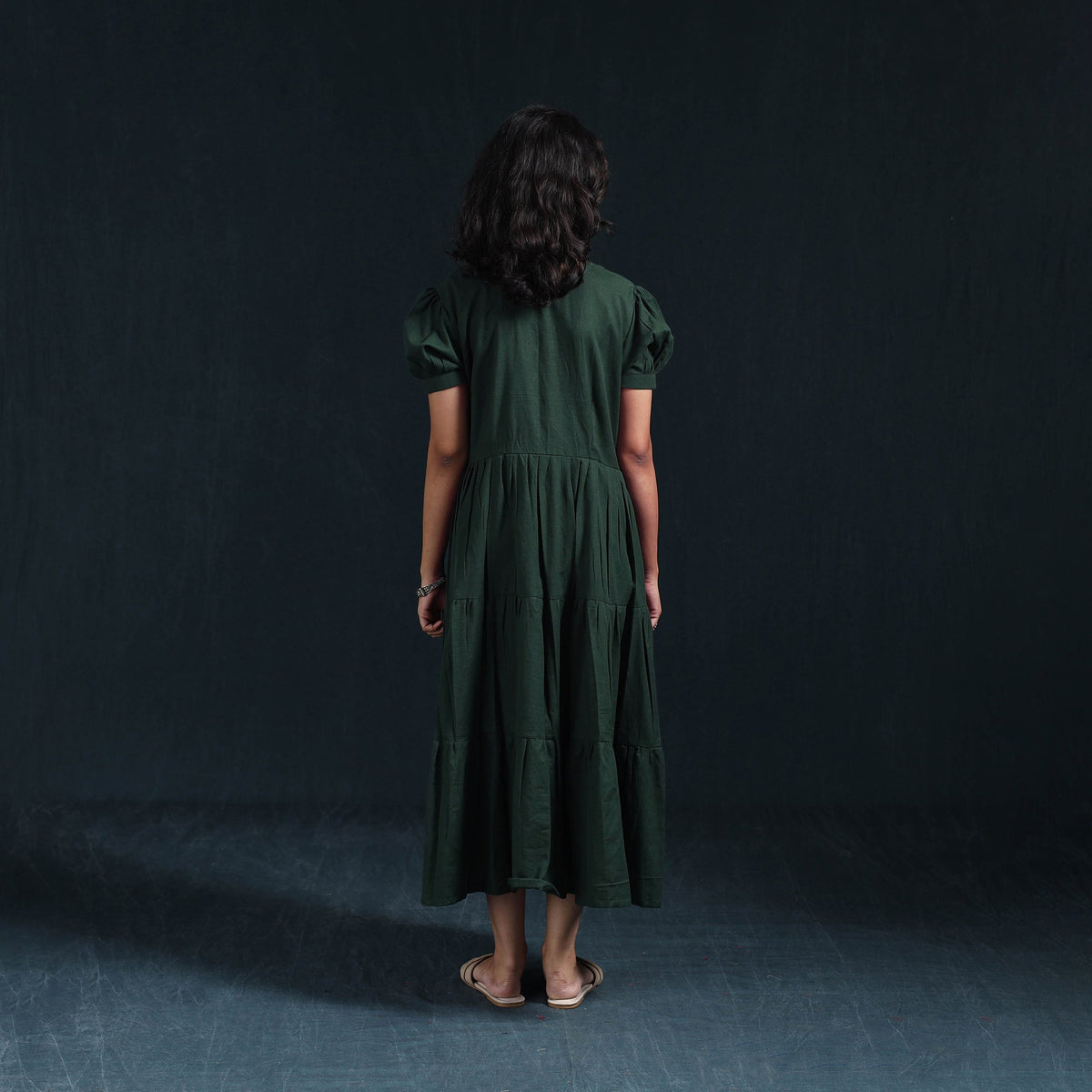 Green - flex cotton tiered plain dress 11 - handcrafted
