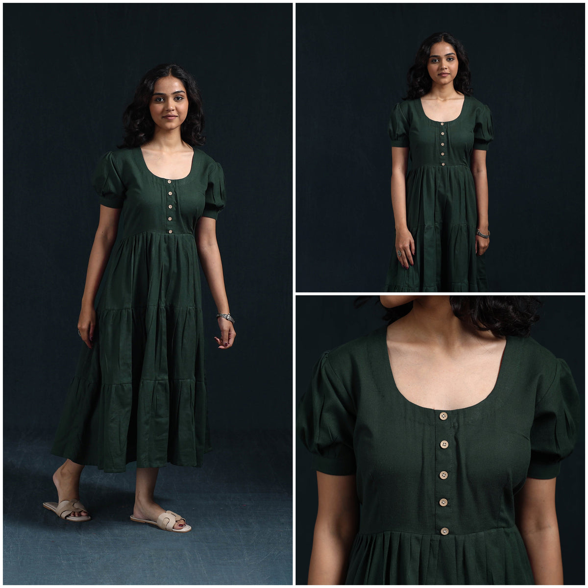 Green - flex cotton tiered plain dress 11 - handcrafted