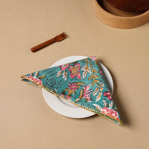 Green Floral Block Print Cotton Hand Embroidery Table Napkin