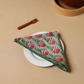  Green Floral Block Print Cotton Hand Embroidery Table Napkin