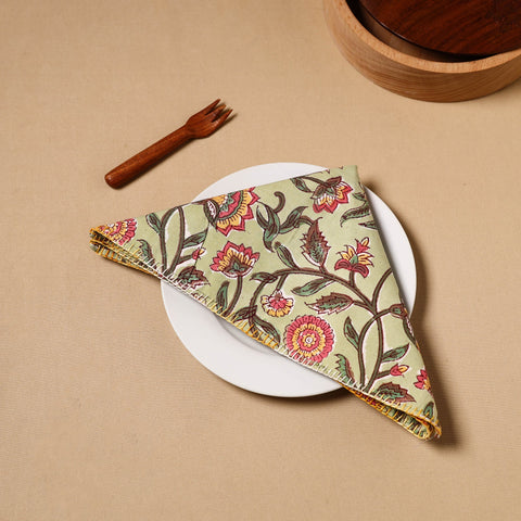 Green Floral Block Print Cotton Hand Embroidery Table Napkin