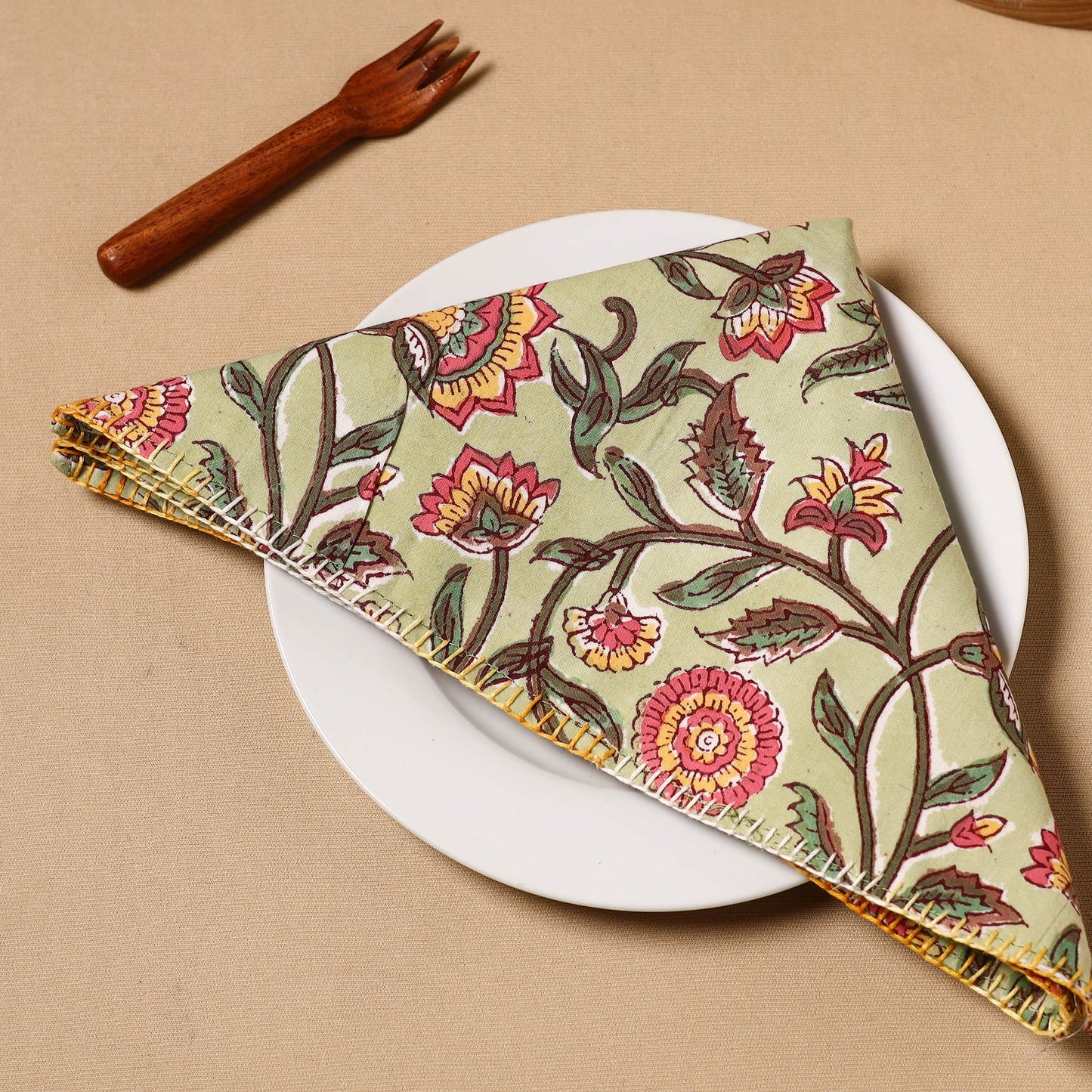 Green Floral Block Print Cotton Hand Embroidery Table Napkin