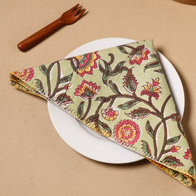 Green Floral Block Print Cotton Hand Embroidery Table Napkin