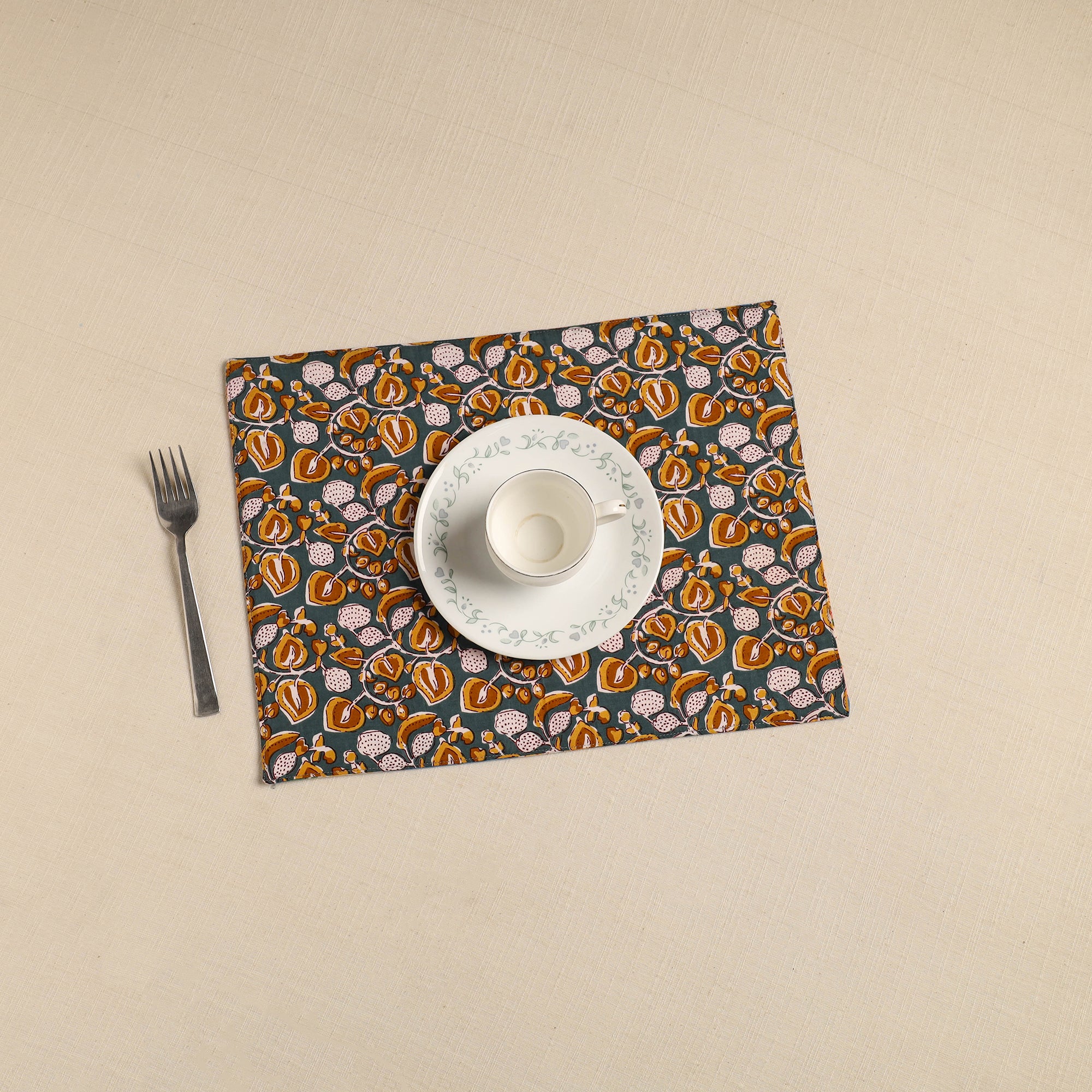Green Floral Print Cotton Reversible Table Mat