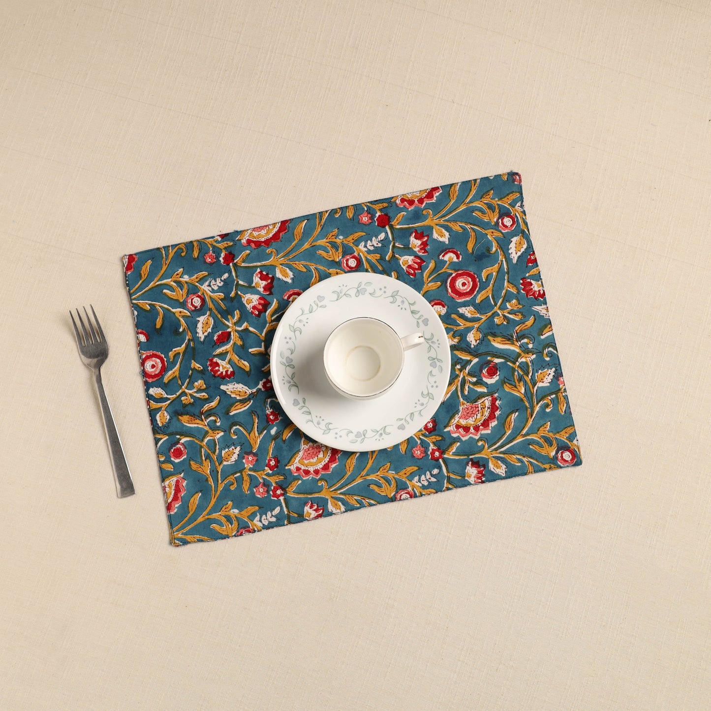  Green Floral Print Cotton Reversible Table Mat 