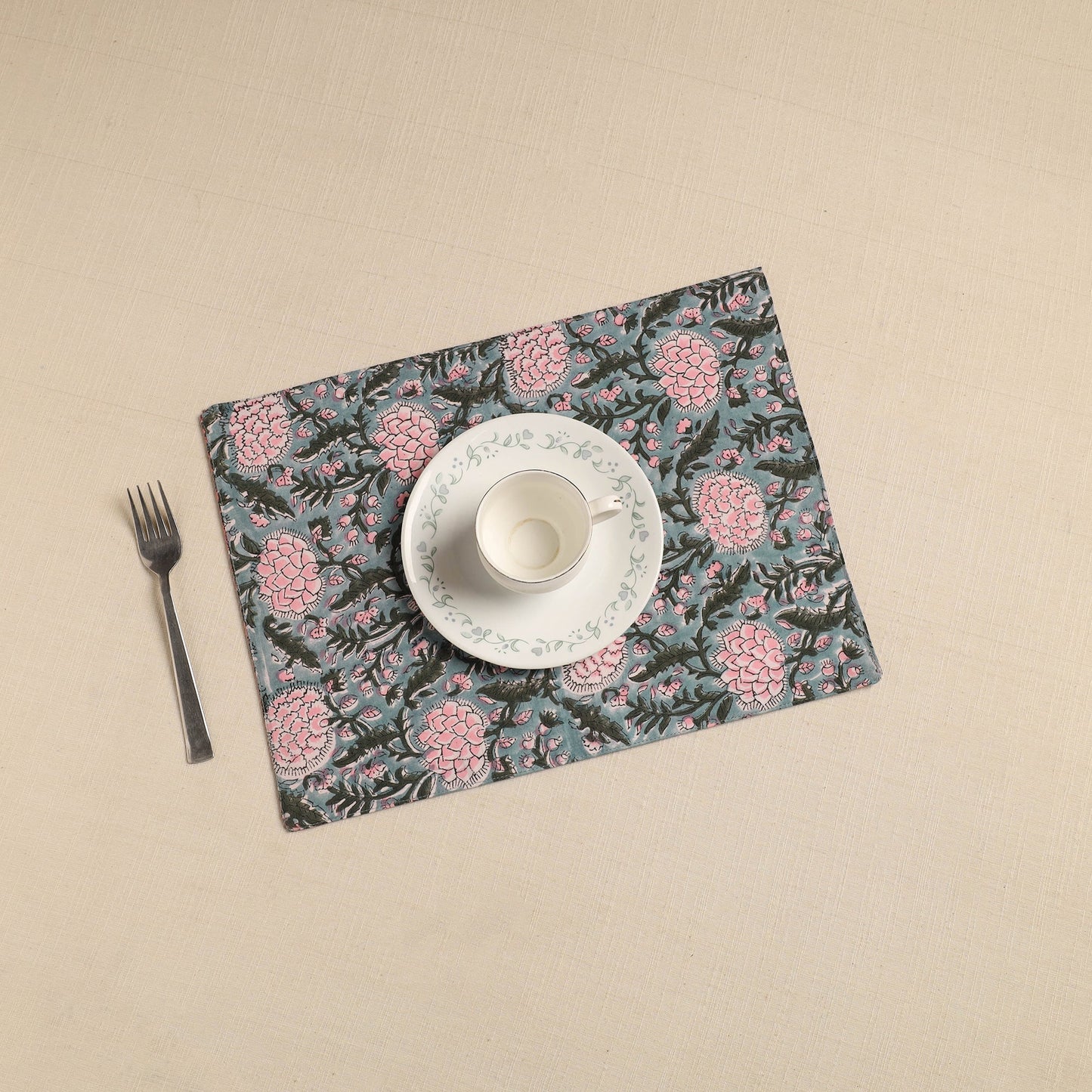  Green Floral Print Cotton Reversible Table Mat 