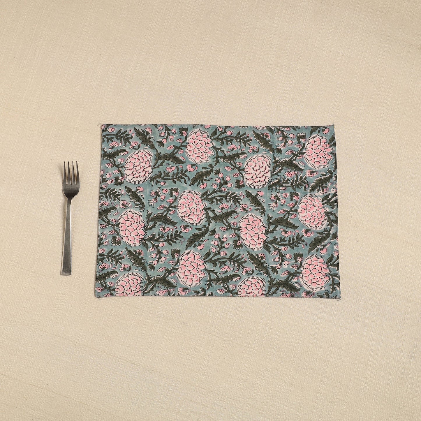  Green Floral Print Cotton Reversible Table Mat 