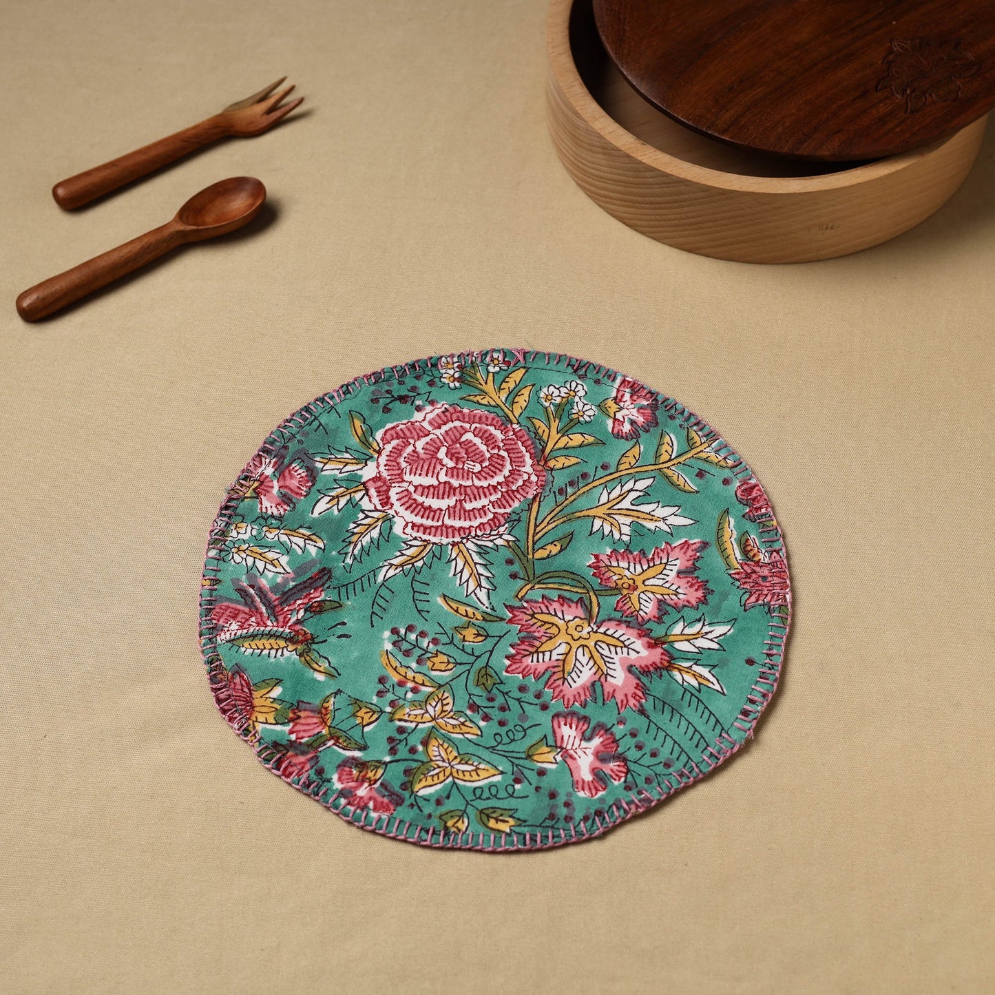  Floral Block Print Hand Embroidery Roti Napkin 09 