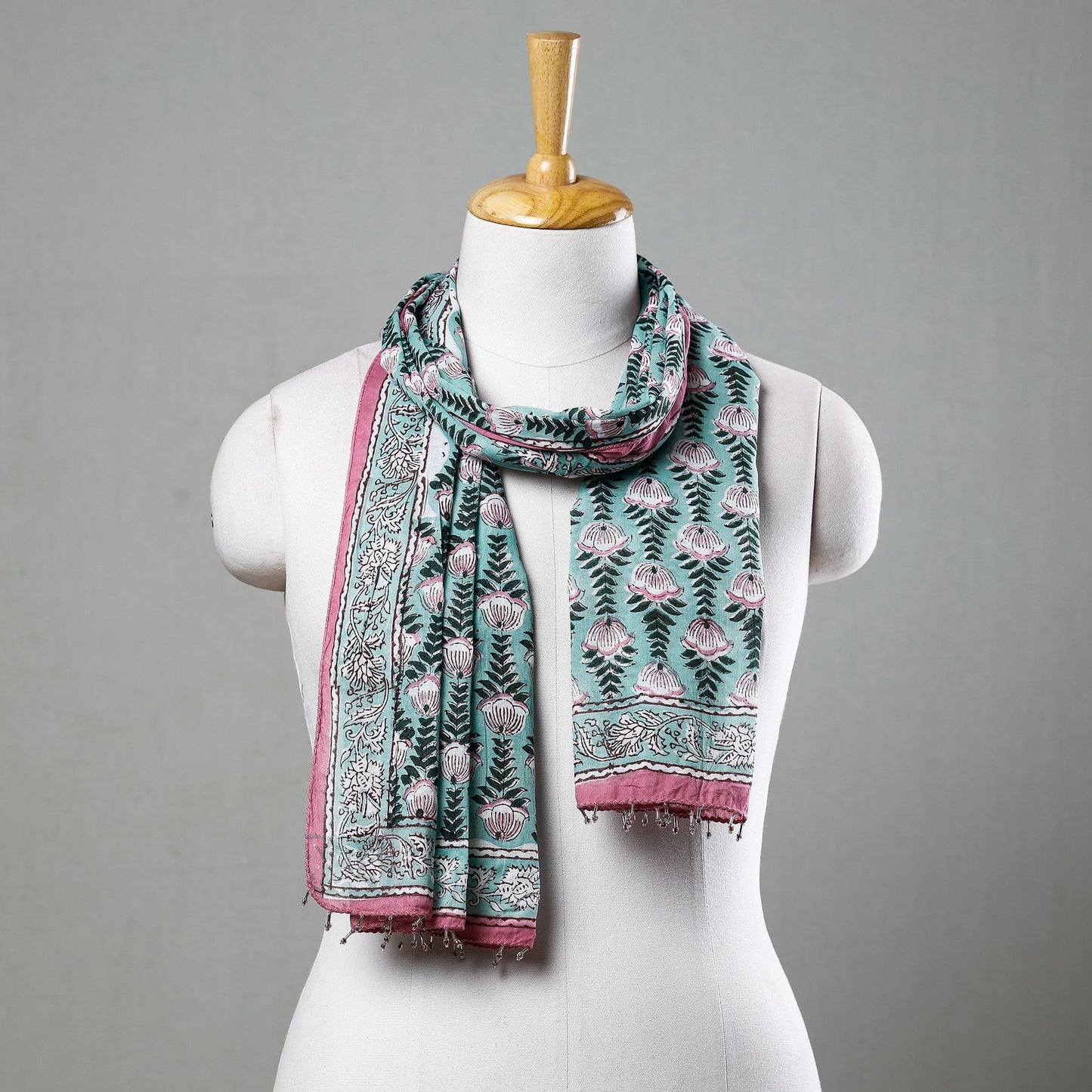  Green with Pink Flowers Sanganeri Block Printed Cotton Stole with Beaded Border Online at iTokri.com