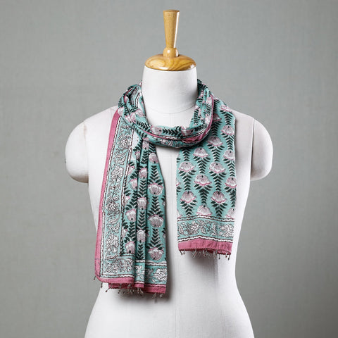  Green with Pink Flowers Sanganeri Block Printed Cotton Stole with Beaded Border Online at iTokri.com