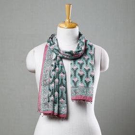 Green with Pink Flowers Sanganeri Block Printed Cotton Stole with Beaded Border Online at iTokri.com