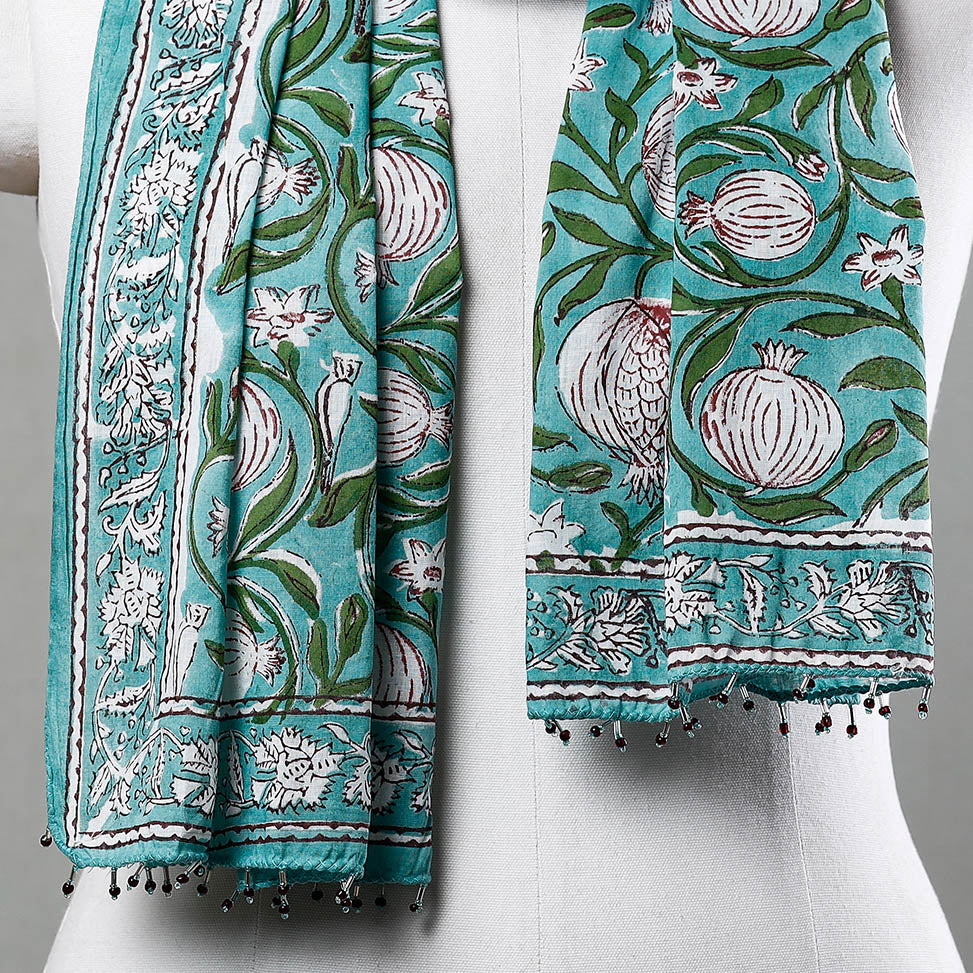  Green with Flowers Sanganeri Block Printed Cotton Stole with Beaded Border