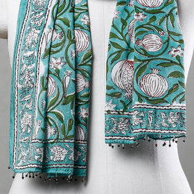 Green with Flowers Sanganeri Block Printed Cotton Stole with Beaded Border