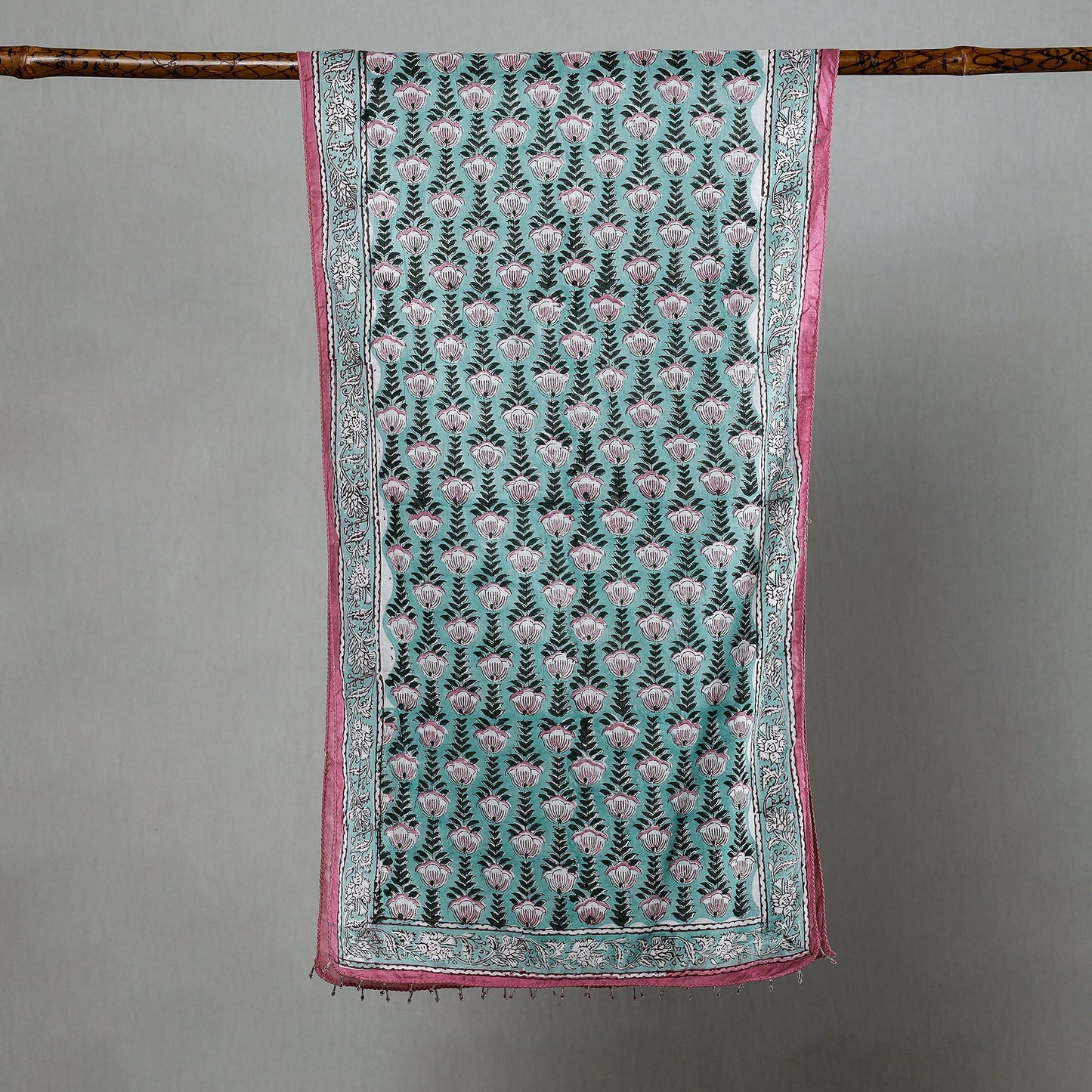  Green with Pink Flowers Sanganeri Block Printed Cotton Stole with Beaded Border Online at iTokri.com