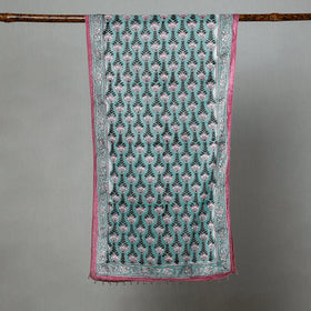  Green with Pink Flowers Sanganeri Block Printed Cotton Stole with Beaded Border Online at iTokri.com