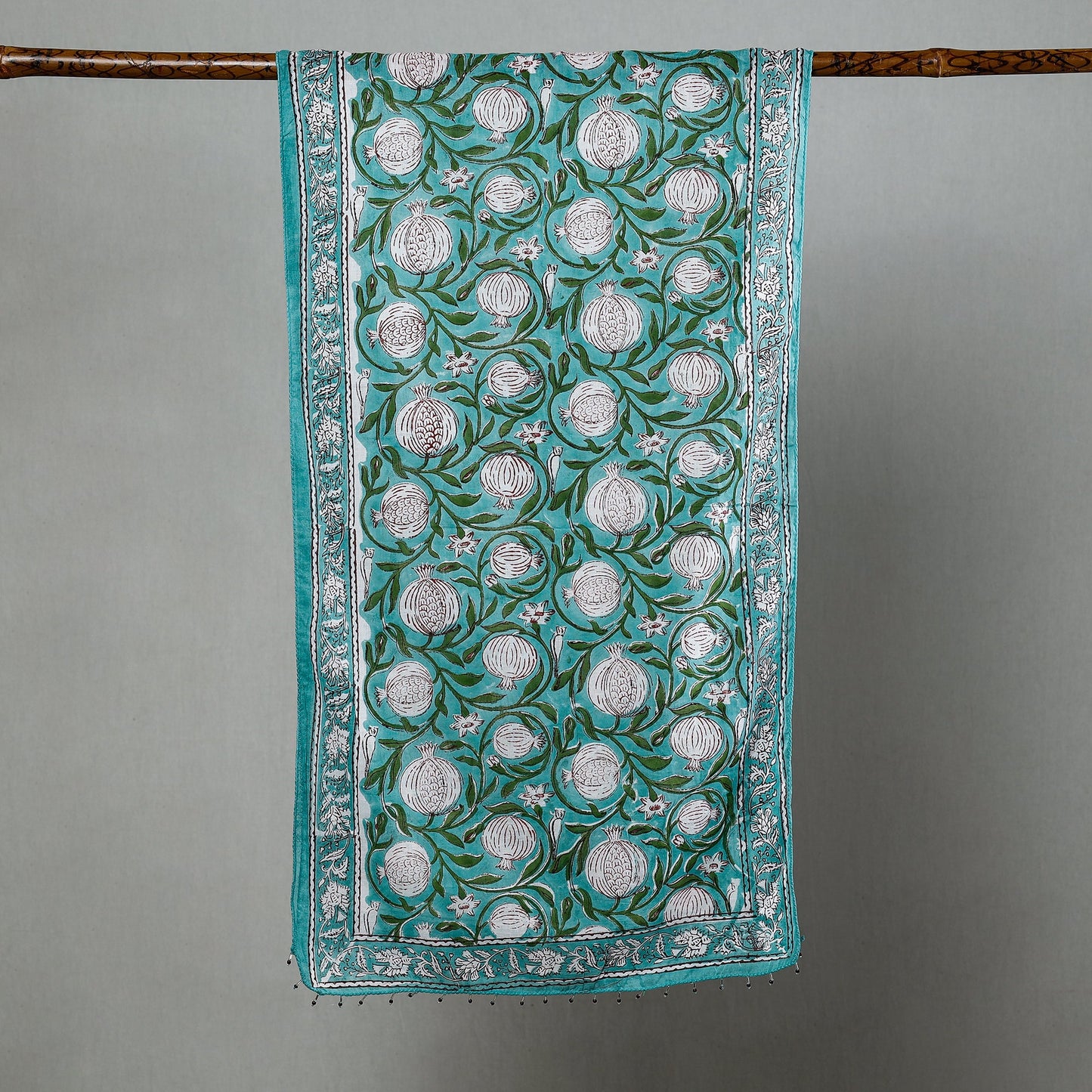  Green with Flowers Sanganeri Block Printed Cotton Stole with Beaded Border